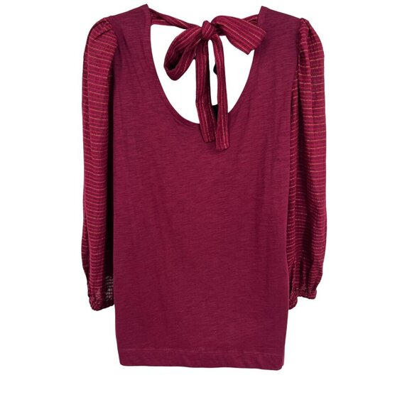 Loft Womens Burgundy Top Striped Balloon Sleeve Tie Back Long Sleeve Stripe New - Picture 5 of 8